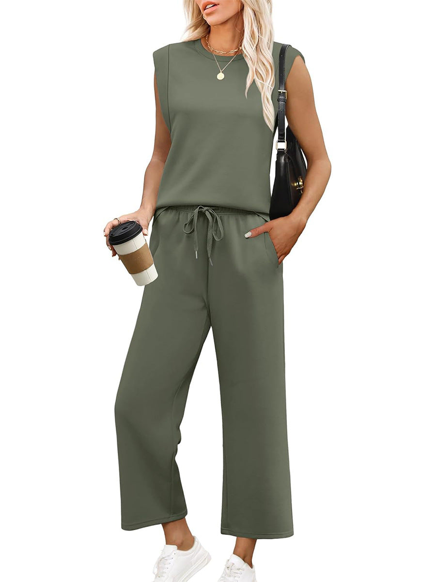 Set lounge damă cu două piese | Bluza cu mâneci lungi și pantaloni scurtați cu picioare largi