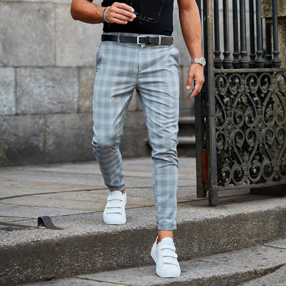 Pantaloni chino slim fit pentru bărbați în carouri | Slim fit cu elastic