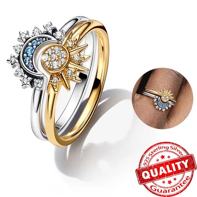 Amara | Funklende Måne og Sol Sølv Krystal Ring