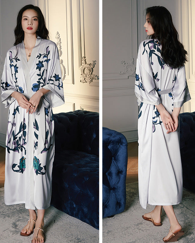 Women's White Satin Kimono Robe with Navy Botanical Print | Luxury Floral Loungewear