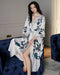 Women's White Satin Kimono Robe with Navy Botanical Print | Luxury Floral Loungewear