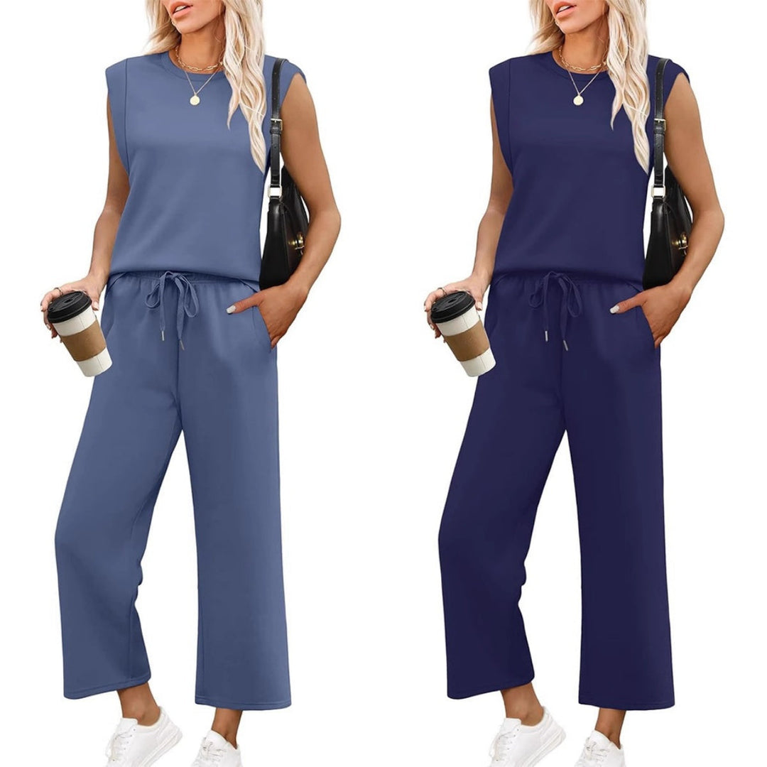 Set lounge damă cu două piese | Bluza cu mâneci lungi și pantaloni scurtați cu picioare largi