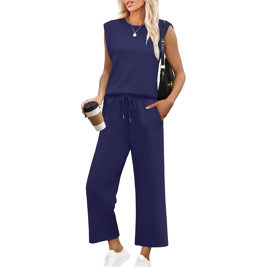Set lounge damă cu două piese | Bluza cu mâneci lungi și pantaloni scurtați cu picioare largi