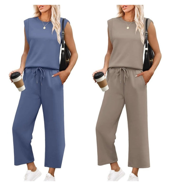 Set lounge damă cu două piese | Bluza cu mâneci lungi și pantaloni scurtați cu picioare largi