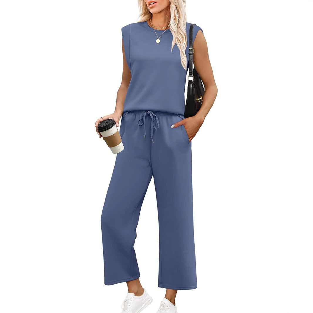 Set lounge damă cu două piese | Bluza cu mâneci lungi și pantaloni scurtați cu picioare largi